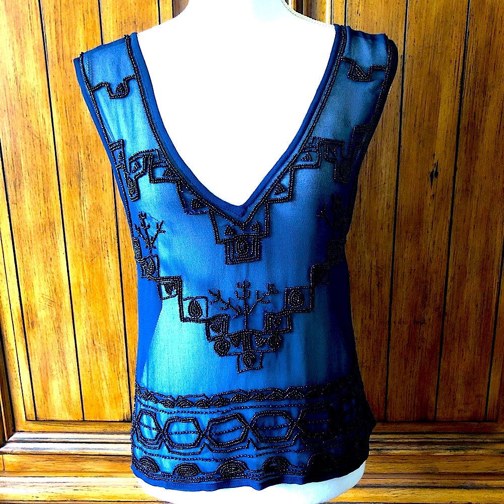 Free People Festival Sheer Black Beaded Sleeveless Top XS
